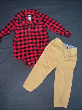 OshKosh Red & Black Buffalo Plaid Bodysuit with Khaki Pants